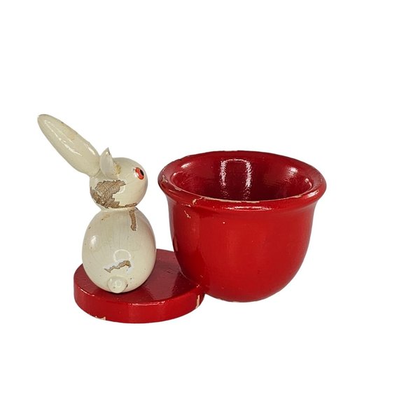 Vintage Veb Holzwaren Germany Wooden Egg Cup Bunny Rabbit - Picture 4 of 10